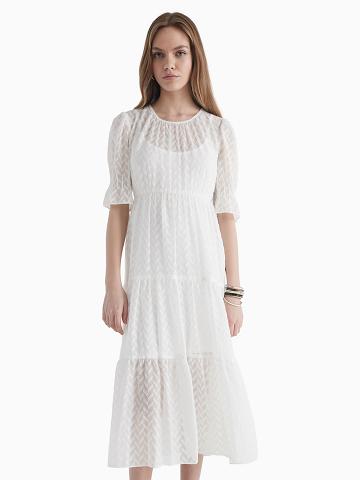 Női Tommy Hilfiger Chiffon Tiered Maxi Dresses Fehér | HU 47KOR